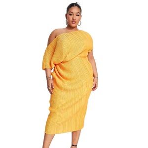 ASOS Curve Off-Shoulder Pleated Midi Dress Golden Yellow Marigold Size 12